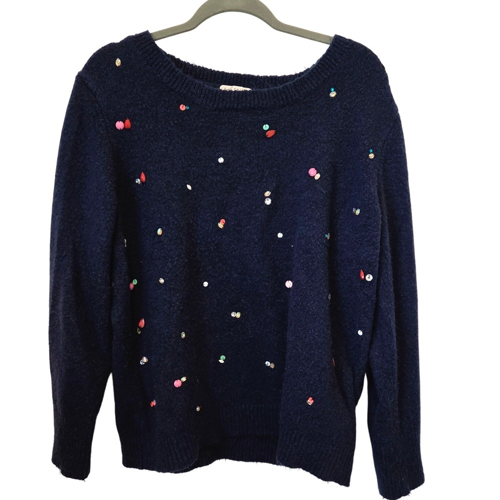 Retrology Navy Blue Holiday Sequin Sweater Women's XL Pullover Long Sleeve